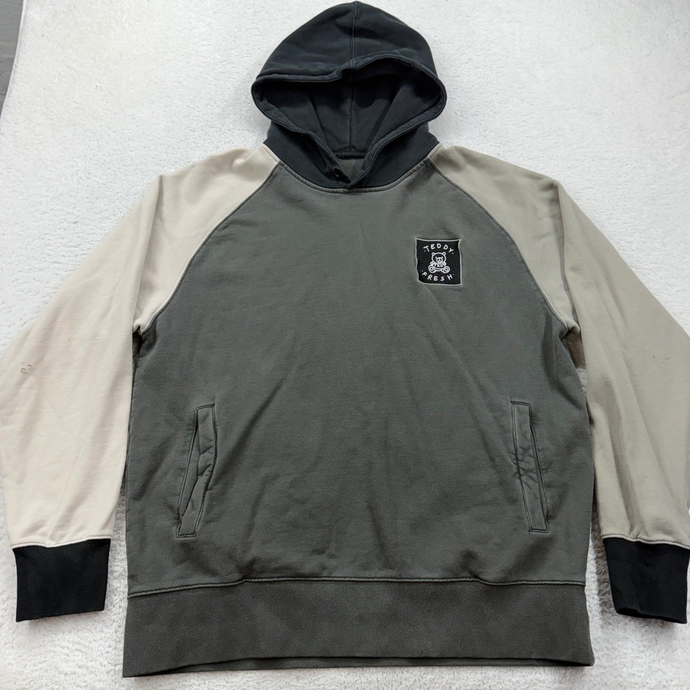 Teddy Fresh Mens Colorblock‎ Raglan Hoodie Grey Tan Black 100% Cotton Large